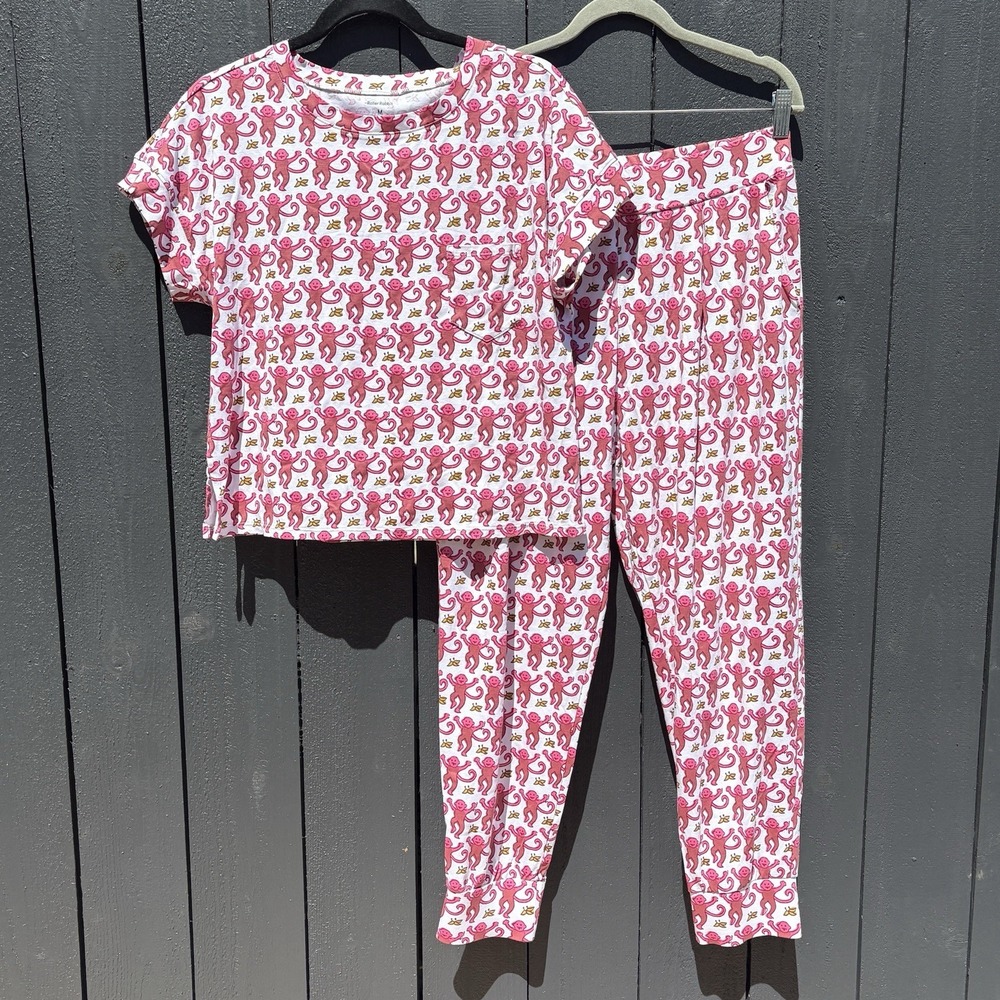 Roller Rabbit Pink Monkey Pajama Set M Pima Cotton Top Pants Novelty Luxury NEW